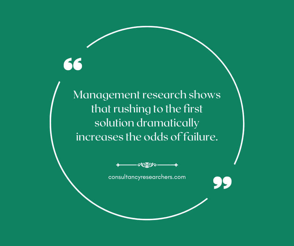 Management research shows that rushing to the first solution dramatically increases the odds of failure.